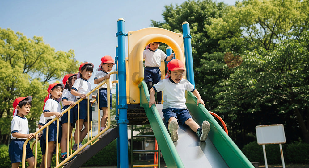 フリー素材 無料 写真|さわやかな公園のすべり台で遊ぶ日本人の子どもたち、明るく清潔感のある写真