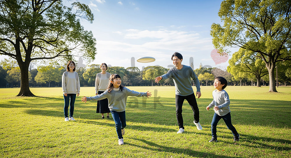 フリー素材 無料 写真|日差しのある公園の芝生でフリスビーを楽しむ日本人家族、健康的な週末写真