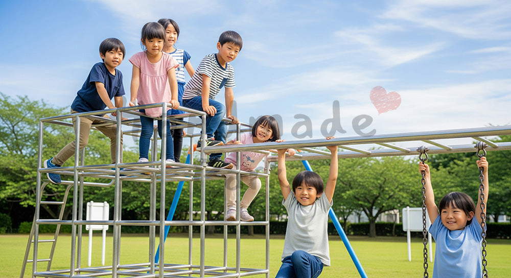 フリー素材 無料 写真|晴れた公園のジャングルジムで遊ぶ日本人の子どもたち、元気で明るい外遊び写真