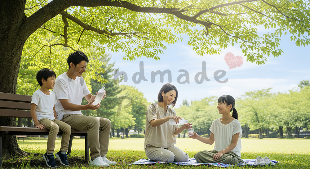 フリー素材 無料 写真|晴れた公園の木陰で休憩する日本人家族、健康的な休日のライフスタイル写真