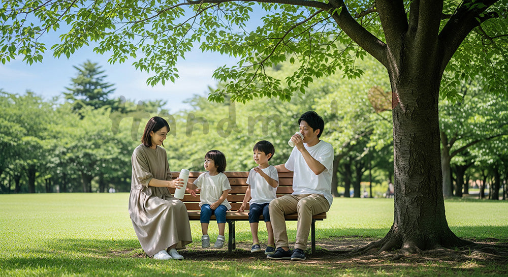 フリー素材 無料 写真|日差しのある公園の木陰で休憩する日本人家族、健康的な休日のライフスタイル写真