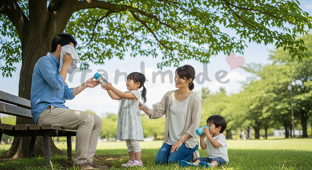 フリー素材 無料 写真|さわやかな公園の木陰で休憩する日本人家族、健康的な休日のライフスタイル写真