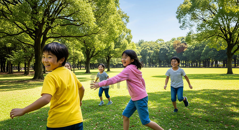 フリー素材 無料 写真|晴れた公園で追いかけっこをする日本人の子どもたち、元気で爽やかな外遊び写真