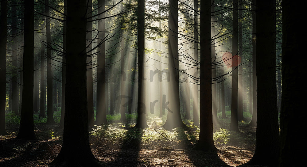 フリー素材 無料 写真|SDGsに合う森に差す柔らかな光のバックグラウンド 文字入れ空きスペースと自然トーン