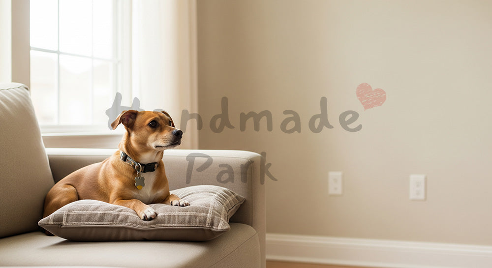 フリー素材 無料 写真|シンプルな背景としてに使えるリビングのソファの犬