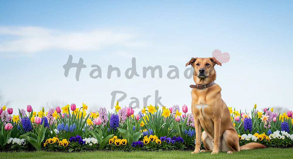 フリー素材 無料 写真|EC商品ページの挿絵にに使える春の花壇と犬の爽やか背景