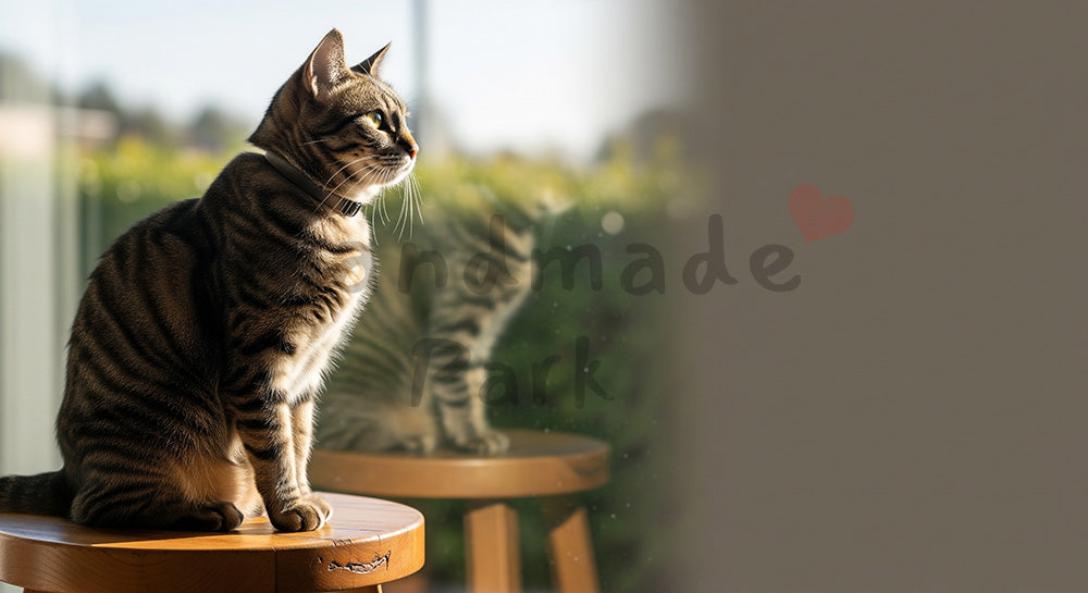フリー素材 無料 写真|窓辺スツールに座る猫の淡い逆光背景|EC商品ページの挿絵に ロゴ・文字なし