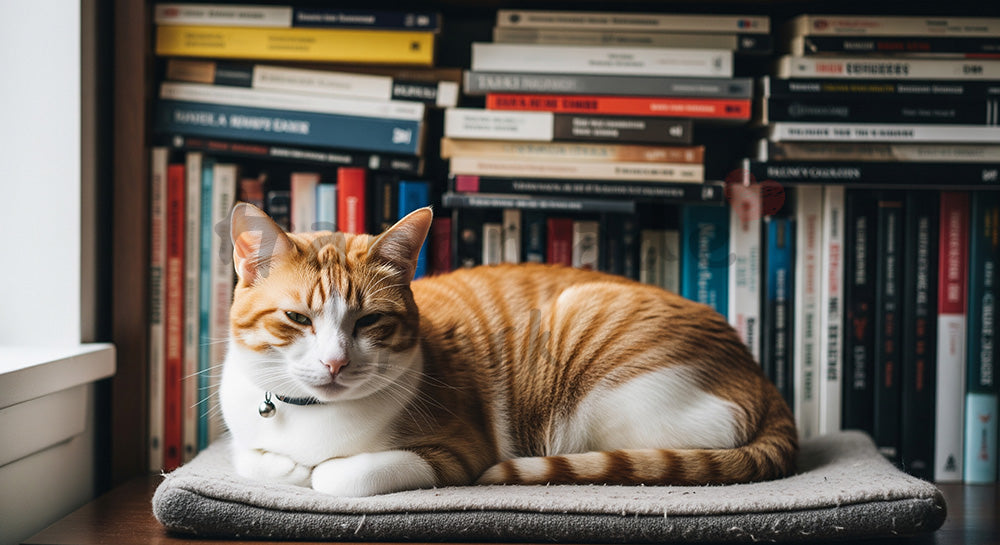 フリー素材 無料 写真|ペットライフスタイルがある本棚前でくつろぐ猫の暮らし背景|教育・教材の挿絵に