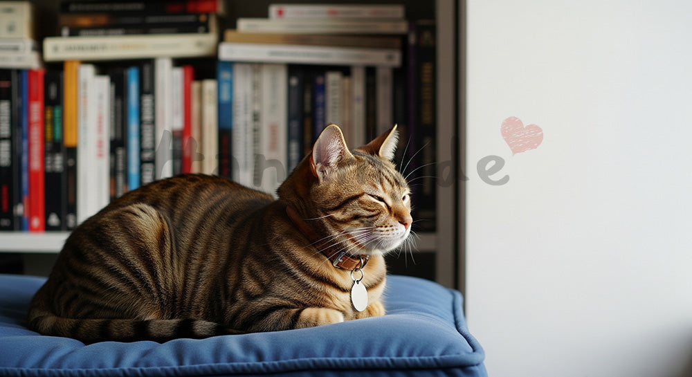 フリー素材 無料 写真|ペットライフスタイルがある本棚前でくつろぐ猫の暮らし背景|落ち着いたトーンの背景に