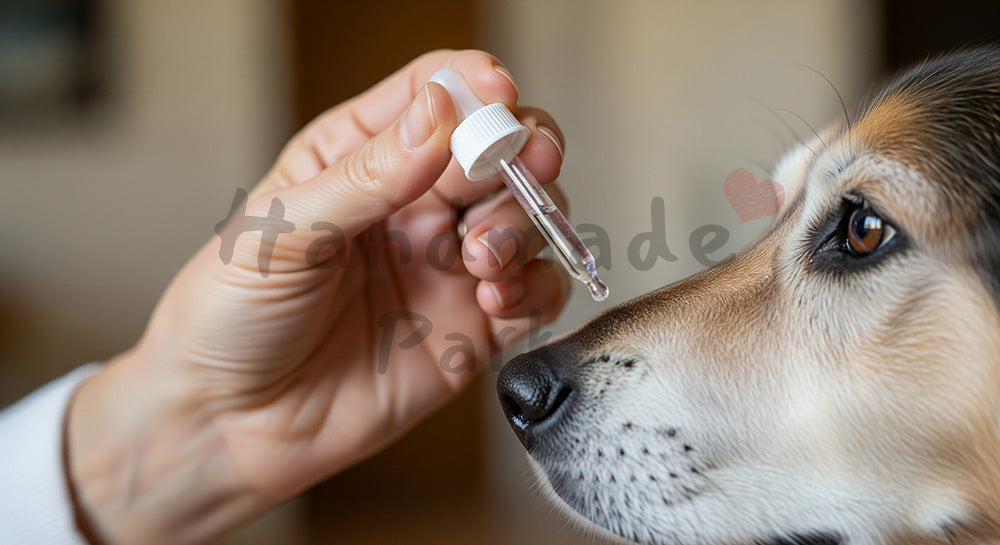 フリー素材 無料 写真|やわらかな自然光のシニア犬の点眼ケアイメージ|トップページのビジュアルに