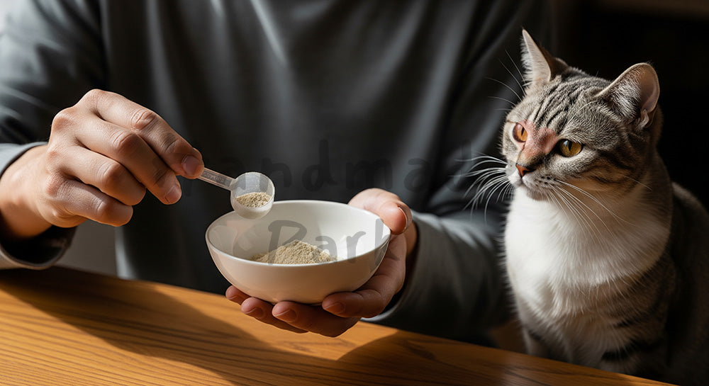 フリー素材 無料 写真|ペットヘルスケアがある自宅で猫のサプリを準備する手元|サムネイル作成に便利