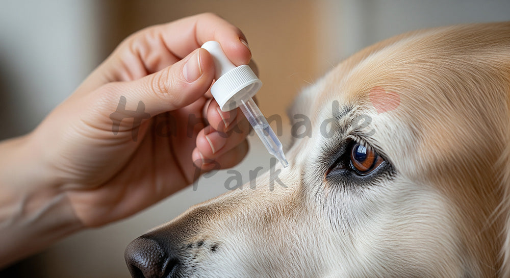 フリー素材 無料 写真|ペットヘルスケアがあるシニア犬の点眼ケアイメージ|サムネイル作成に便利