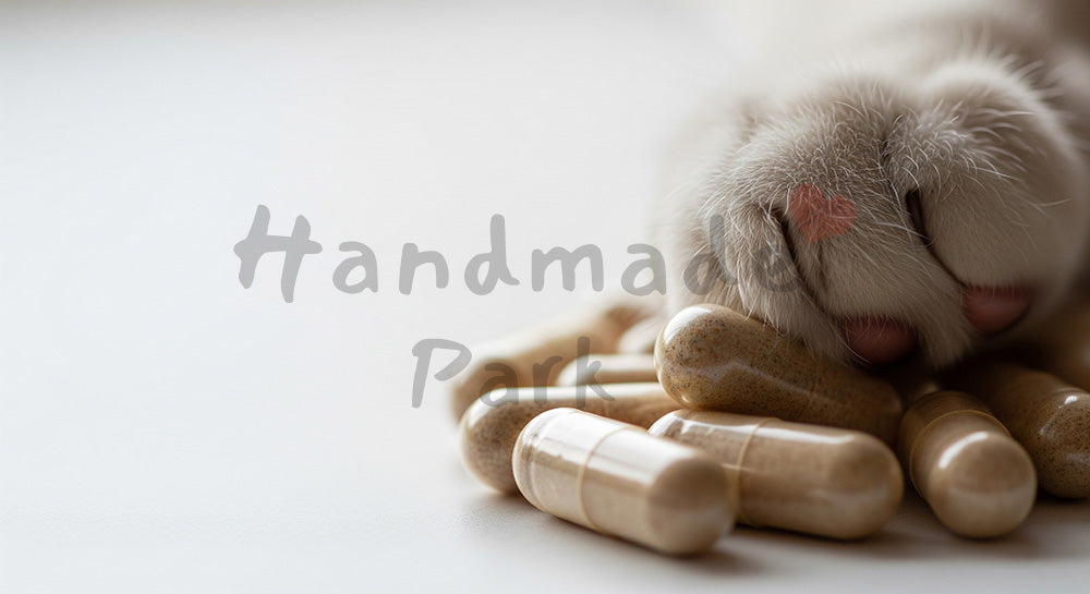 フリー素材 無料 写真|自宅で猫のサプリを準備する手元|ペットヘルスケアを添えた広告クリエイティブに使いやすい