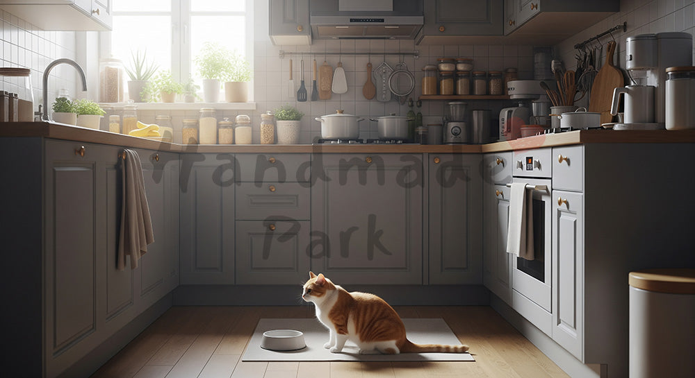 フリー素材 無料 写真|ペットフードがある朝のキッチン×猫|SNS投稿の背景におすすめ
