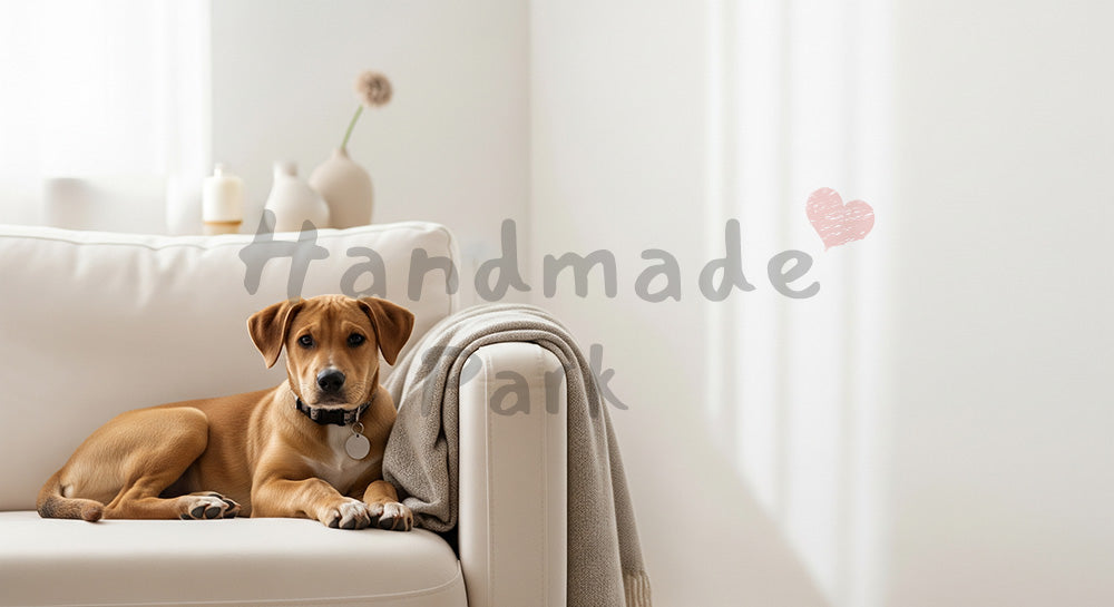 フリー素材 無料 写真|子犬がソファでくつろぐ明るい室内シーン 右側に余白の横長背景の写真|清潔感あるビジュアルに