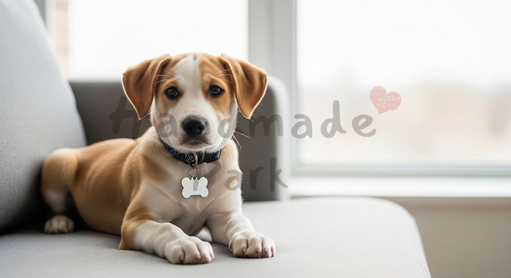 フリー素材 無料 写真|子犬がソファでくつろぐ明るい室内シーン 右側に余白の横長背景|サービス紹介ページに使える