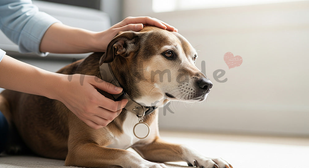 フリー素材 無料 写真|やわらかな自然光のシニア犬を撫でる手元の温かなシーン ソフトトーンで余白のある背景|バナー背景に合わせやすい
