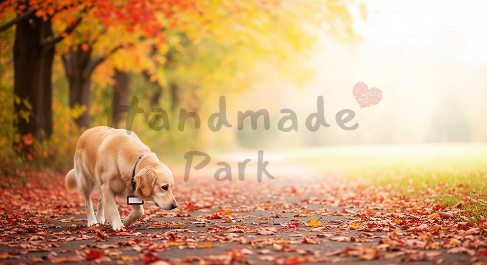 フリー素材 無料 写真|紅葉の小道で散歩する犬 秋らしい色と余白でデザイン向き横長写真|キャンペーン素材を添えた落ち着いたトーンの背景