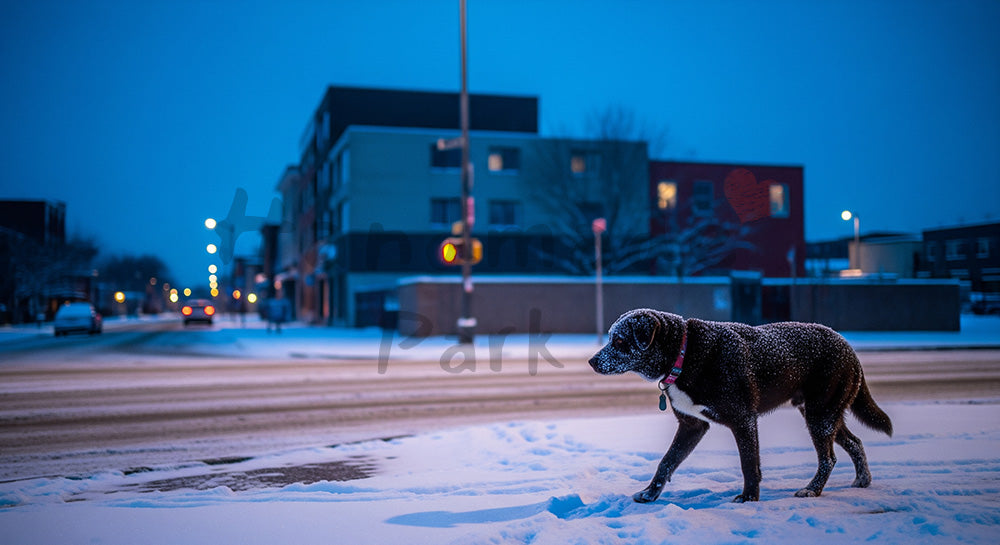 フリー素材 無料 写真|季節バナーがある雪景色の街角で楽しそうな犬 冬の清潔感と余白を確保した写真|チラシ・ポスターにも活躍