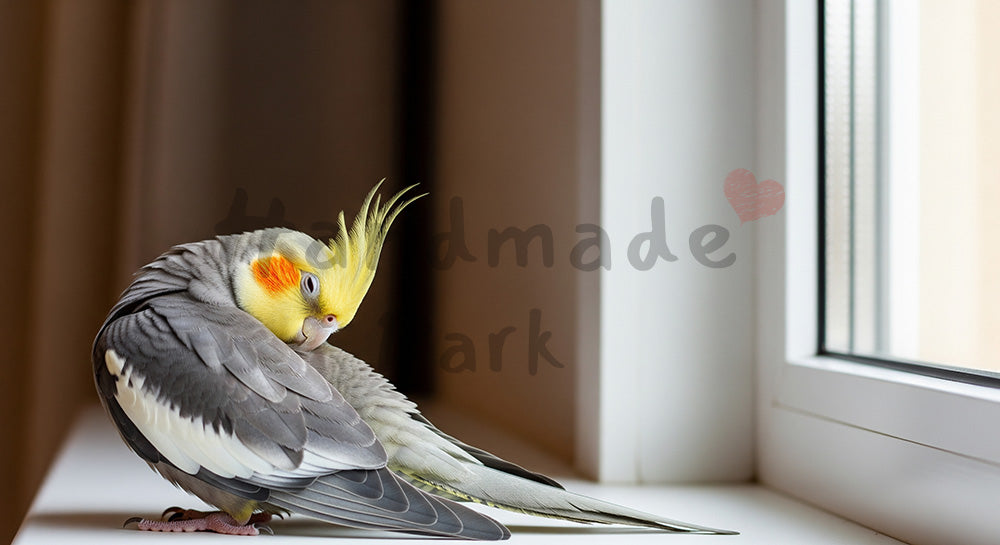 フリー素材 無料 写真|窓辺で羽づくろいするオカメインコの写真|サービス紹介ページに使える