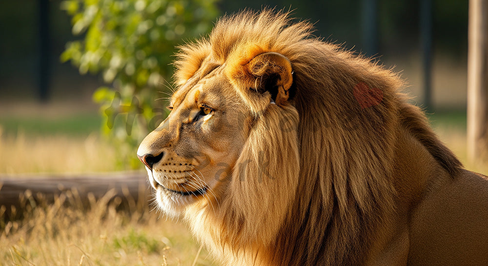 フリー素材 無料 写真|やわらかな自然光の動物園のライオンの力強い横顔|ナチュラルな雰囲気に