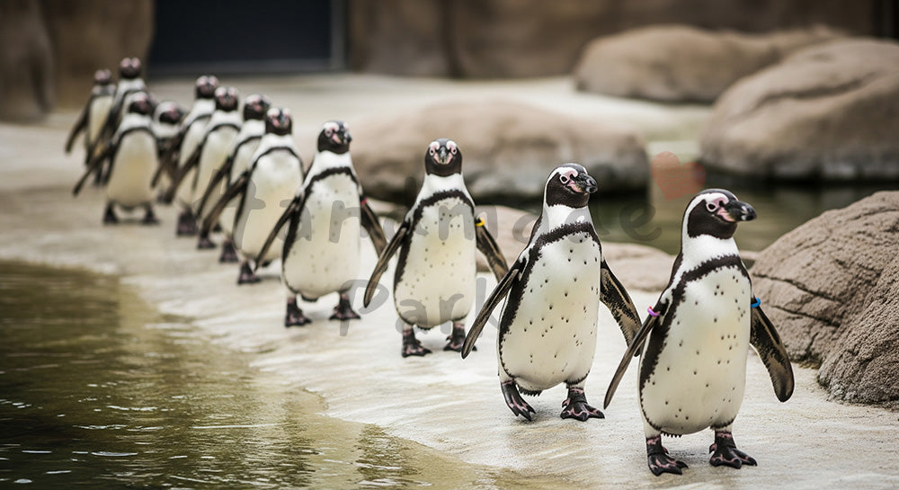 フリー素材 無料 写真|動物園のペンギンが並んで歩く可愛い瞬間|教育コンテンツを添えたEC商品ページの挿絵に
