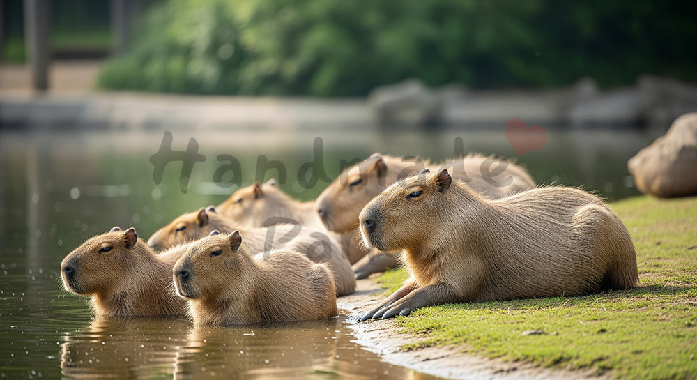フリー素材 無料 写真|EC商品ページの挿絵にに使える動物園のカピバラが水辺でくつろぐ癒しの写真