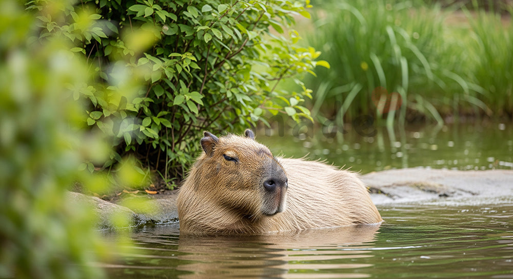 フリー素材 無料 写真|動物園のカピバラが水辺でくつろぐ癒しの写真|落ち着いたトーンの背景に ロゴ・文字なし