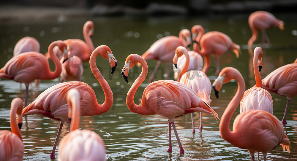 フリー素材 無料 写真|動物園のフラミンゴの群れと淡い水辺背景、落ち着いたトーンの背景に