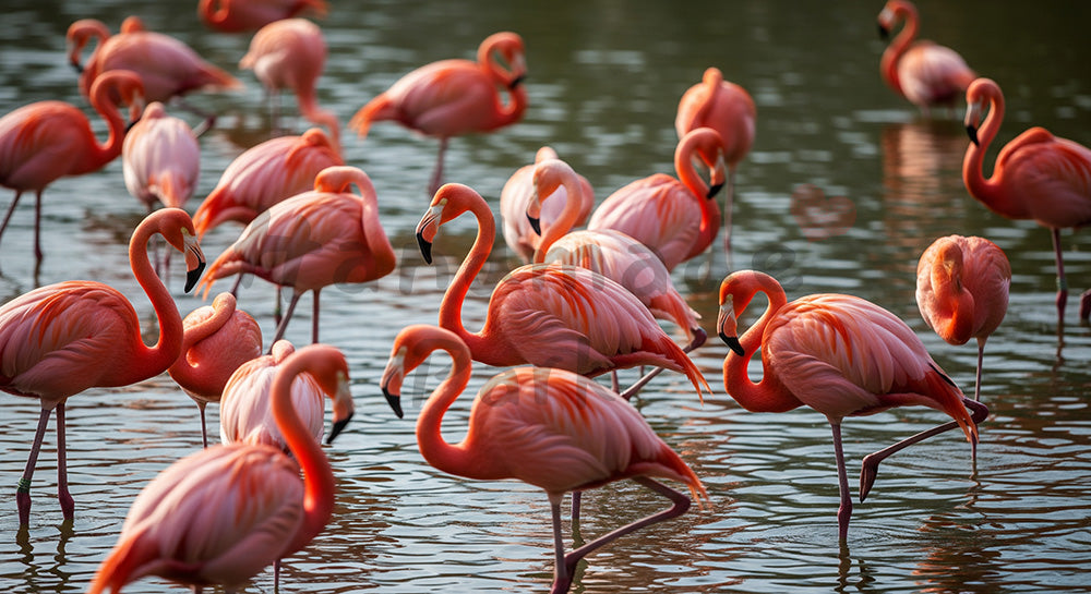 フリー素材 無料 写真|動物園のフラミンゴの群れと淡い水辺背景|清潔感あるビジュアルに ロゴ・文字なし