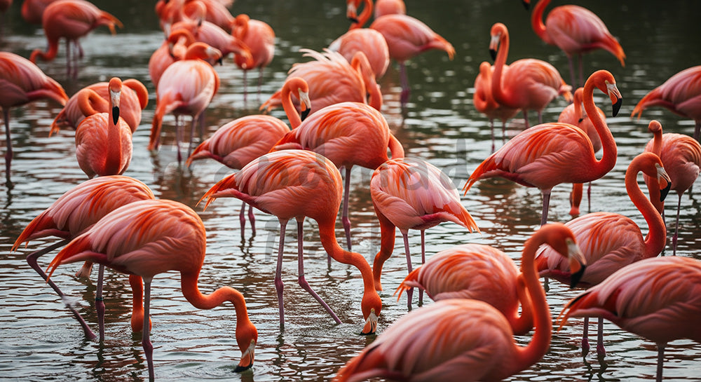 フリー素材 無料 写真|EC商品ページの挿絵にに使える動物園のフラミンゴの群れと淡い水辺背景