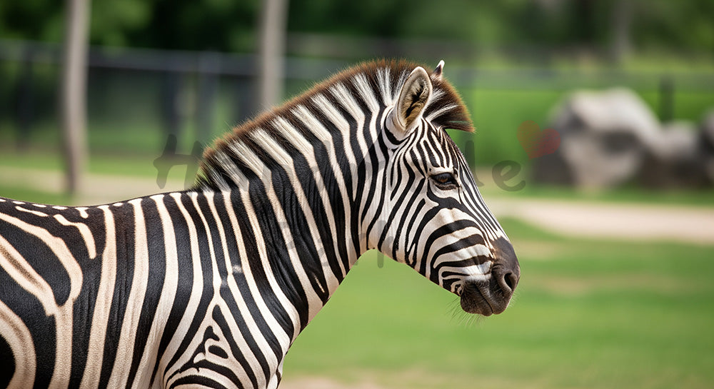 フリー素材 無料 写真|やわらかな自然光の動物園のシマウマの縞模様が映える横向きショット|落ち着いたトーンの背景に
