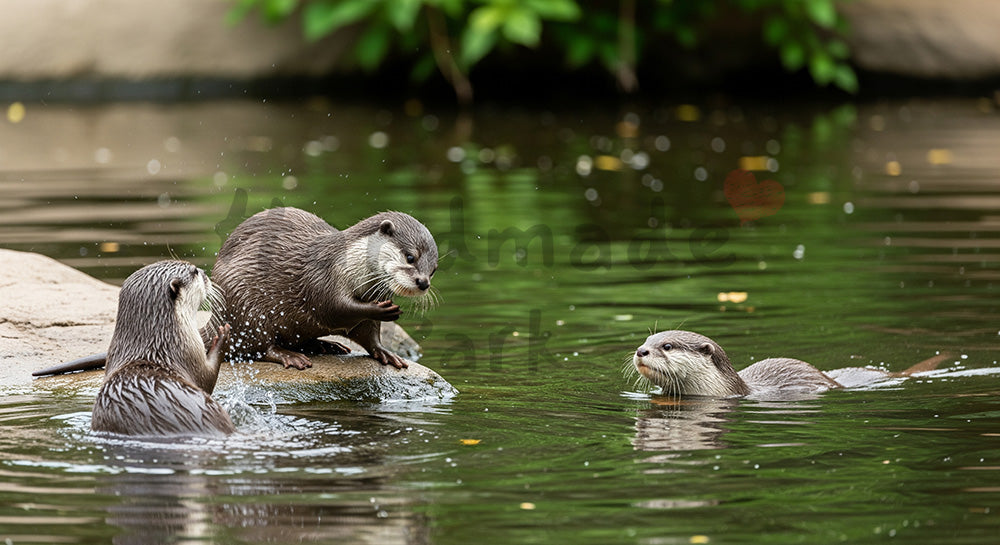 フリー素材 無料 写真|やわらかな自然光の動物園のコツメカワウソが水辺で遊ぶ可愛い写真|シンプルな背景として