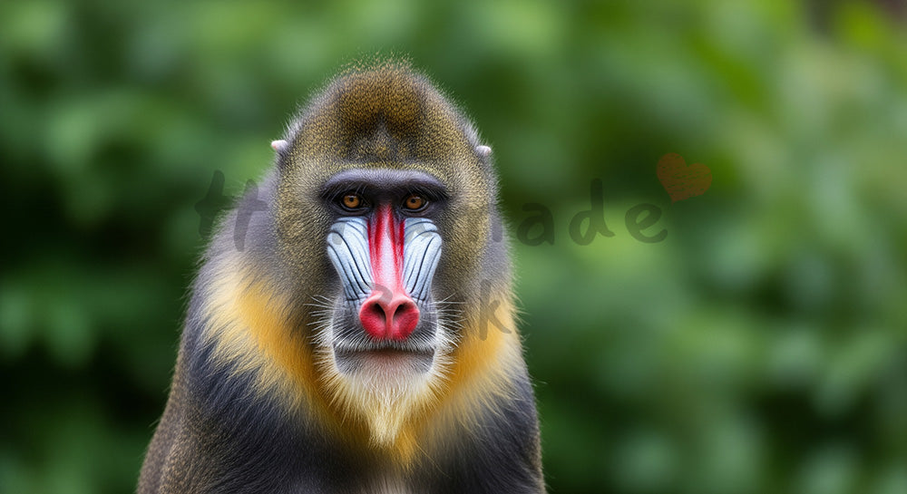 フリー素材 無料 写真|動物園のマンドリルの鮮やかな顔色が映えるポートレート|図鑑風デザインを添えたナチュラルな雰囲気に