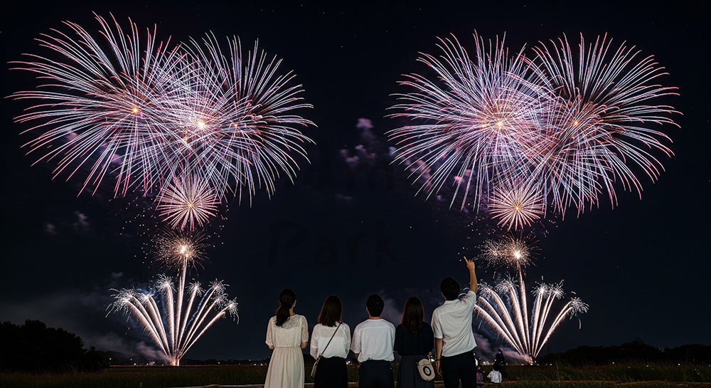 フリー素材 無料 写真|花火と日本人の友人の後ろ姿 夜空に大きな余白がある夏のプロモーション背景 文字入れ向き