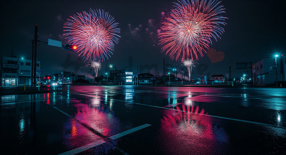 フリー素材 無料 写真|花火と濡れた路面反射 日本の街角を想起する余白広めのドラマチック夜景広告・Web背景