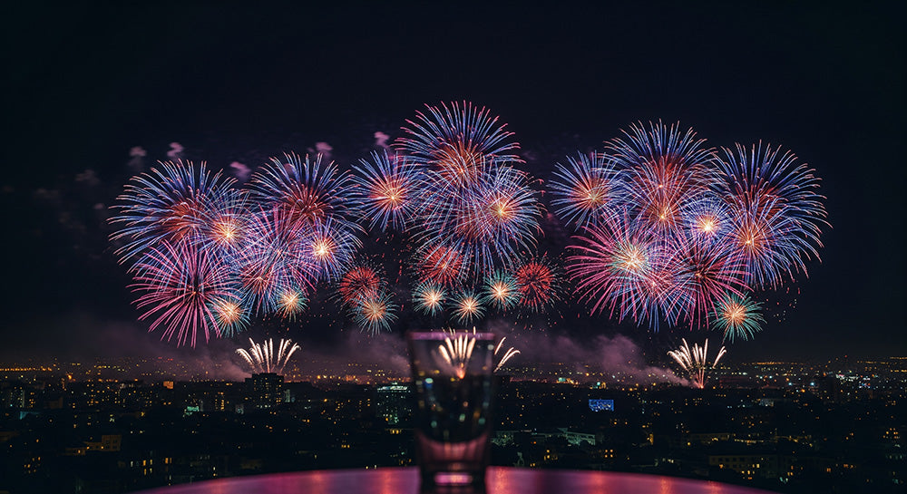 フリー素材 無料 写真|花火とグラスの玉ボケ 大人っぽい余白がある情緒的な夜の背景