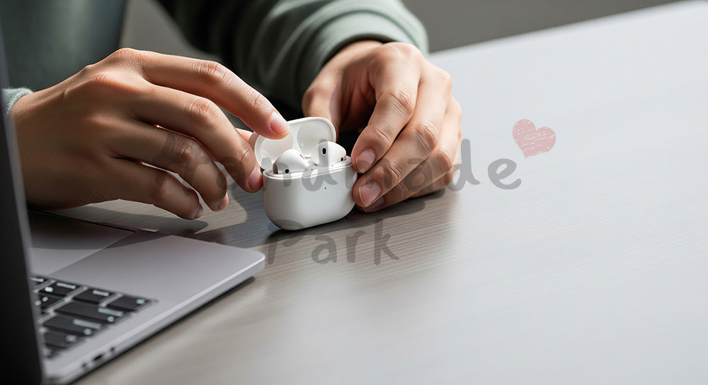 フリー素材 無料 写真|日本人の手元 会議準備 イヤホンとPC 余白|商品ページの挿し絵に便利な余白背景