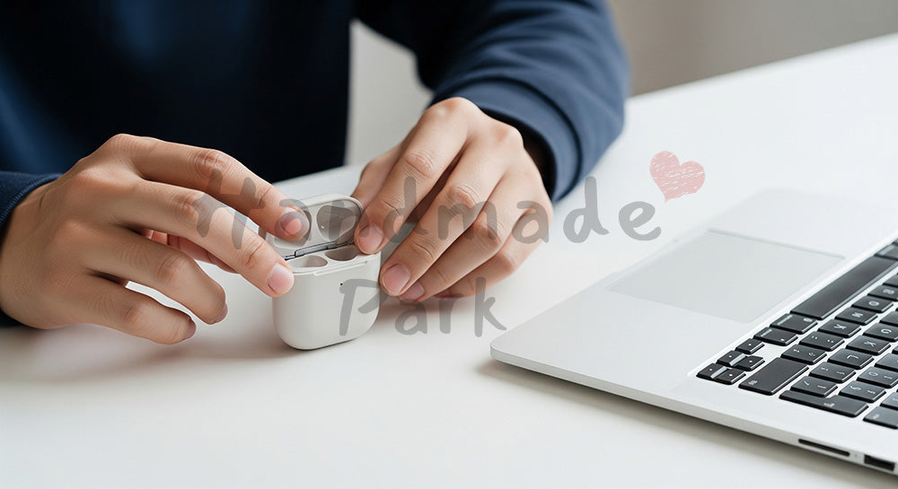 フリー素材 無料 写真|日本人の手元 会議準備 イヤホンとPC 余白|SNS投稿・バナー向けイメージ写真