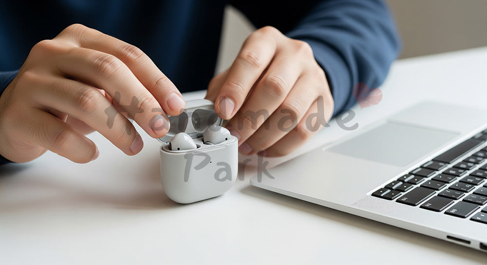 フリー素材 無料 写真|日本人の手元 会議準備 イヤホンとPC 余白|ブログやコラムの差し込みに使いやすい