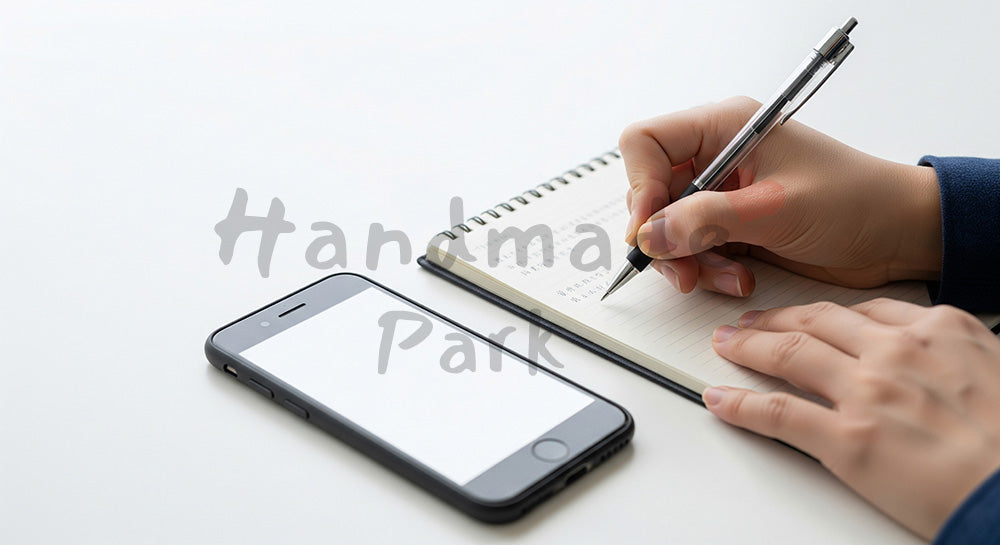 フリー素材 無料 写真|日本人の手元 メモ書きとスマホ 余白あり|商品ページの挿し絵に便利な余白背景