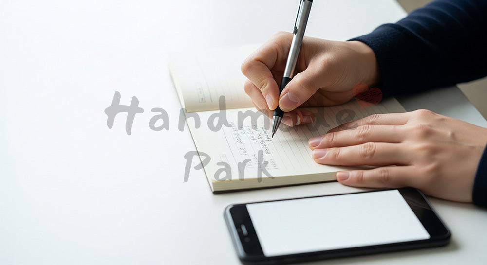 フリー素材 無料 写真|日本人の手元 メモ書きとスマホ 余白あり|SNS投稿・バナー向けイメージ写真