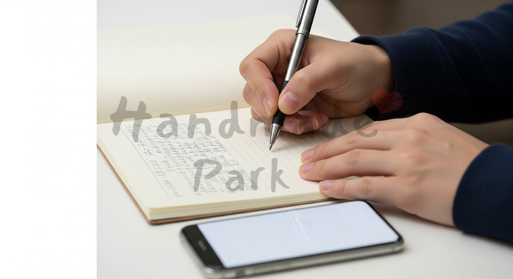 フリー素材 無料 写真|日本人の手元 メモ書きとスマホ 余白あり|ブログやコラムの差し込みに使いやすい