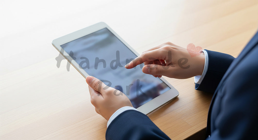 フリー素材 無料 写真|日本人の手元 タブレット操作 スクロール 余白|SNS投稿・バナー向けイメージ写真