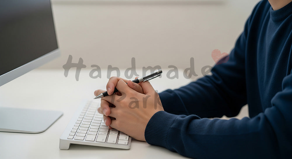 フリー素材 無料 写真|日本人の手元 考えるポーズ 作業中の間 余白|ブログやコラムの差し込みに使いやすい