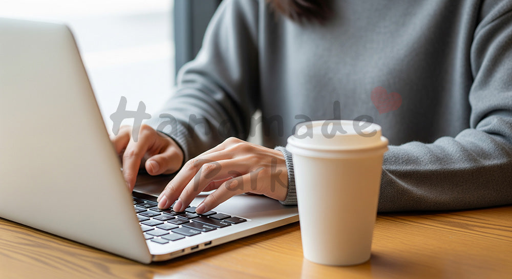 フリー素材 無料 写真|20代日本人女性の手元 カフェでPC作業 余白|商品ページの挿し絵に便利な余白背景