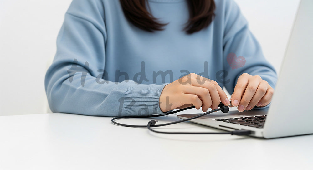 フリー素材 無料 写真|20代日本人女性の手元 PCセットアップ 接続作業|ブログやコラムの差し込みに使いやすい