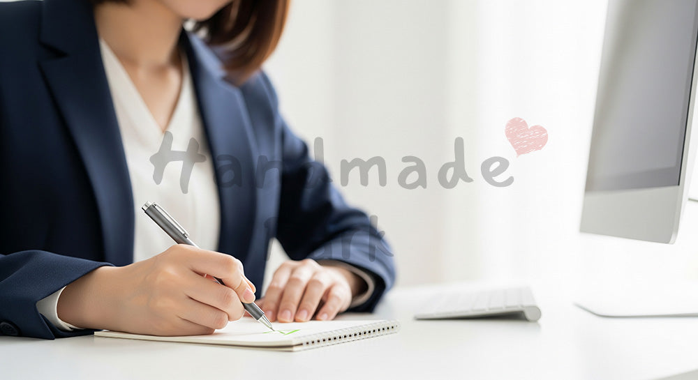 フリー素材 無料 写真|20代日本人女性の手元 チェック作業 メモとPC|商品ページの挿し絵に便利な余白背景