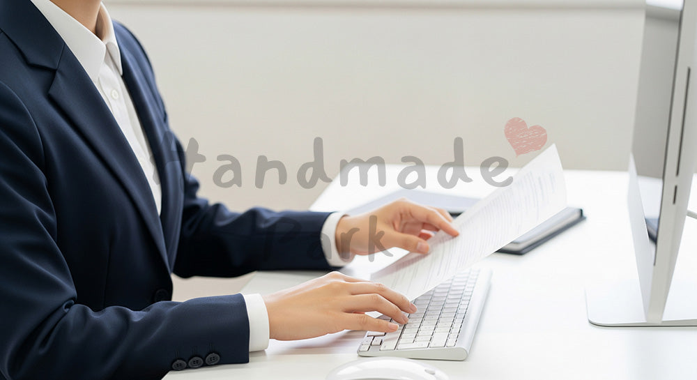 フリー素材 無料 写真|20代日本人女性の手元 資料確認とPC入力 余白|作品紹介・告知に使える写真素材