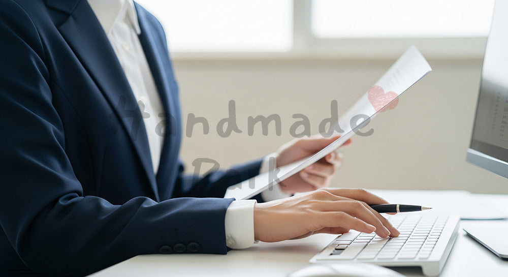 フリー素材 無料 写真|20代日本人女性の手元 資料確認とPC入力 余白|ブログやコラムの差し込みに使いやすい